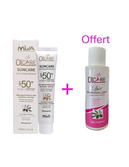 Olcare Ecran Solaire Minéral Teinté Anti Tâche Anti Age SPF50+ 40ml + Lait Démaquillant 100ml